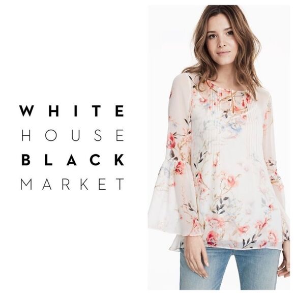 White House Black Market White & Pink Floral Print Mimosa Flutter Sleeve Chiffon - Picture 1 of 16